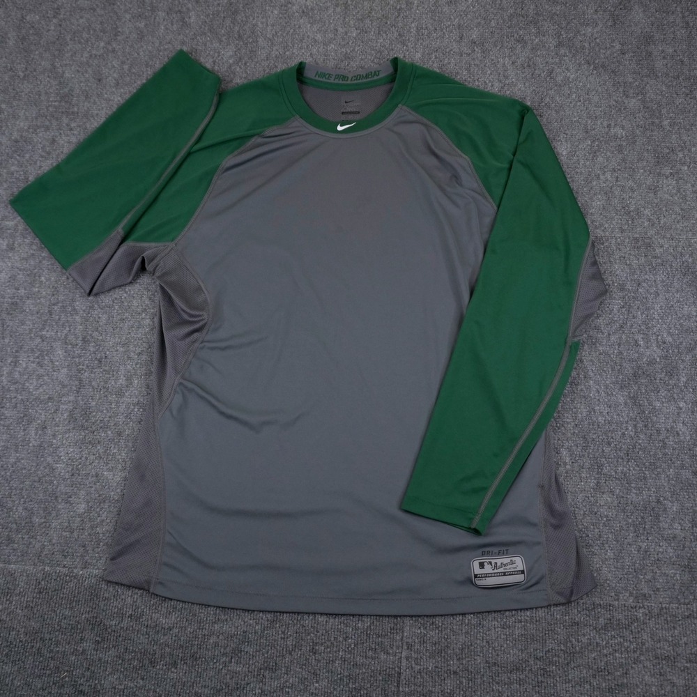 Nike Pro Combat MLB Shirt Mens XXL Grey Green Dri-FIT Long Sleeve Performance